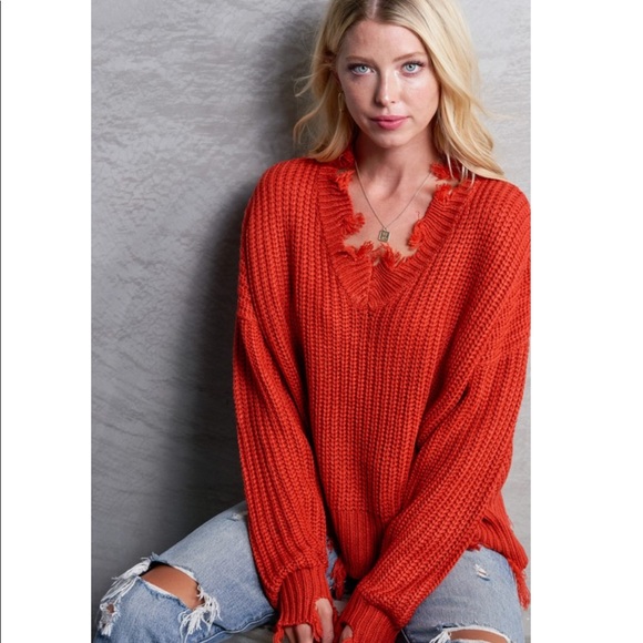 Pumpkin Spice-Distressed Chunky Knit Sweater - Picture 3 of 3